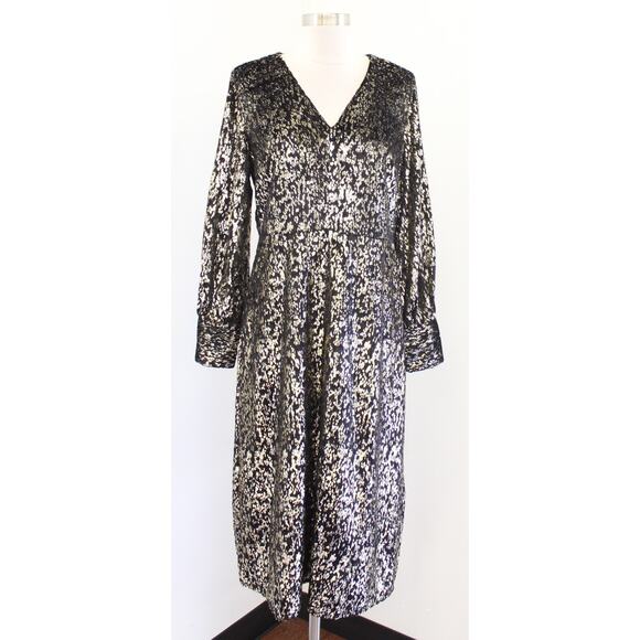 NWT Elie Tahari Black Gold Metallic Textured Velvet Midi Dress Size 12 Cocktail - Picture 1 of 9
